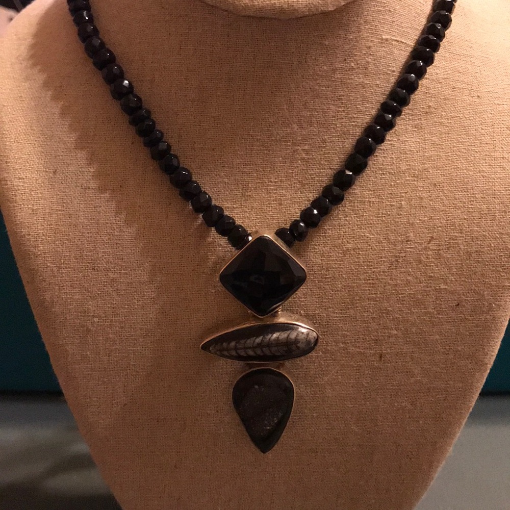 Sterling Silver Beaded Necklace with Stone Fossil